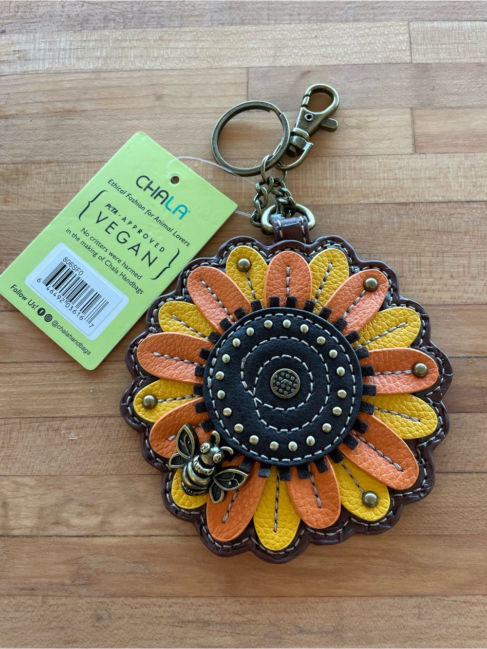 Chala Leather Sunflower Bag Charm with Bee Accent in Orange & Yellow - Picture 3 of 3